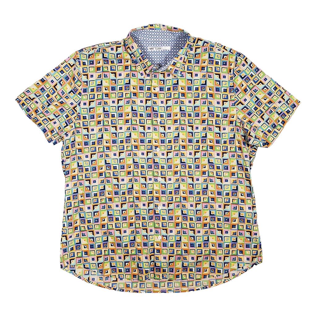 Mr Turk Geometric Camp Shirt Mens 2XL* Orange Blue Abstract Retro Designer Trina
